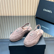 CHANEL 25S BACK STRAP MULE 15MM IN TAUPE GRAY SUEDE AND WOOL SILVER HARDWARE