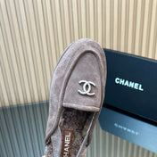 CHANEL 25S BACK STRAP MULE 15MM IN TAUPE GRAY SUEDE AND WOOL SILVER HARDWRE