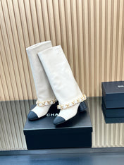 CHANEL 25S HIGH BOOTS 65MM IN WHITE CALFSKIN GOLD HARDWRE