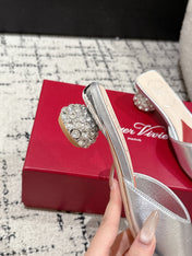 ROGER VIVIER 25S CRYSTAL HEEL MULE IN SILVER CALFSKIN