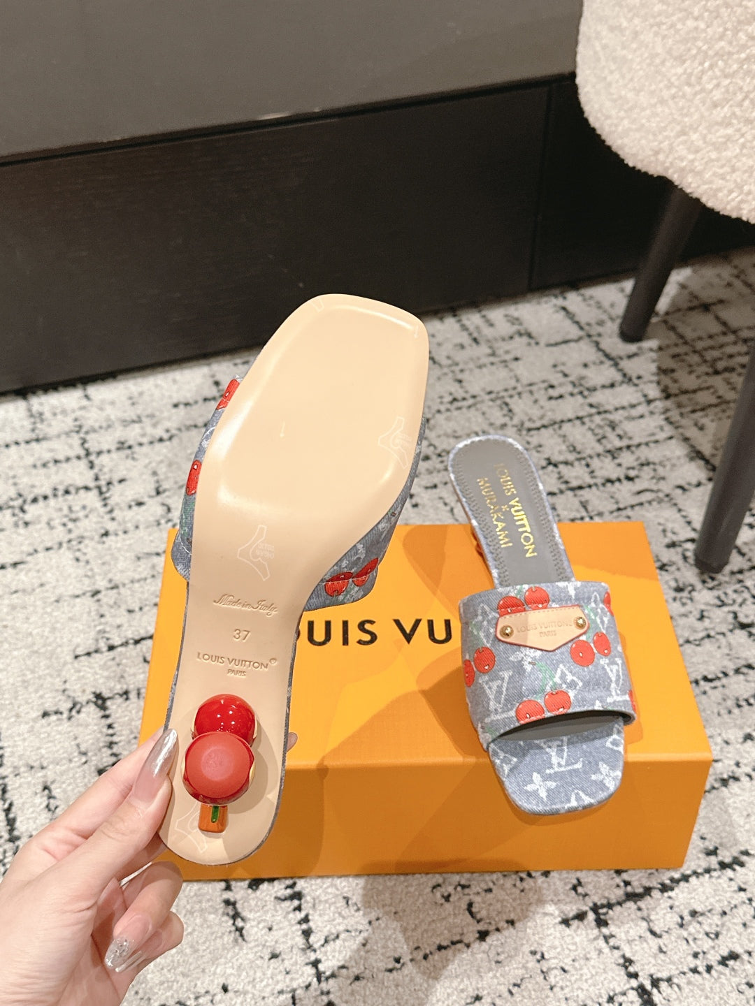 LV CHERRY HIGH HEELS 25S 55 MM IN GREY DENIM STYLE 7
