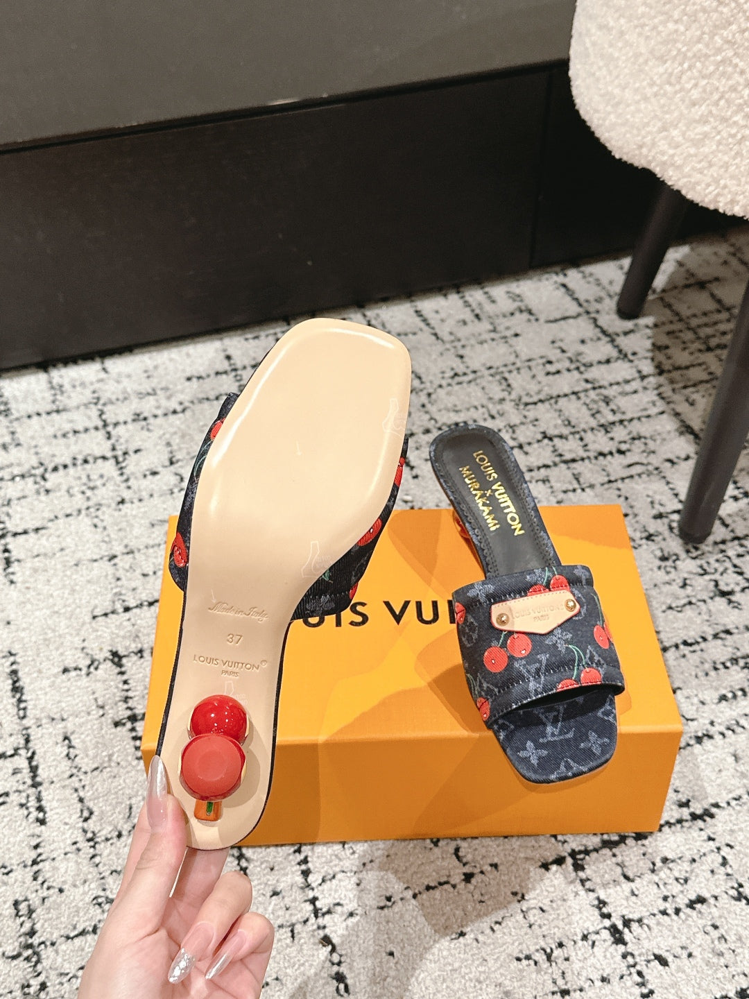 LV CHERRY HIGH HEELS 25S 55 MM IN CHARCOAL BLACK DENIM STYLE 10