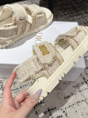 DIOR BACK-STRAP SANDALS 25S IN CREAM WHITE TWEED AND CALFSKIN WITH GOLD HARDWARE