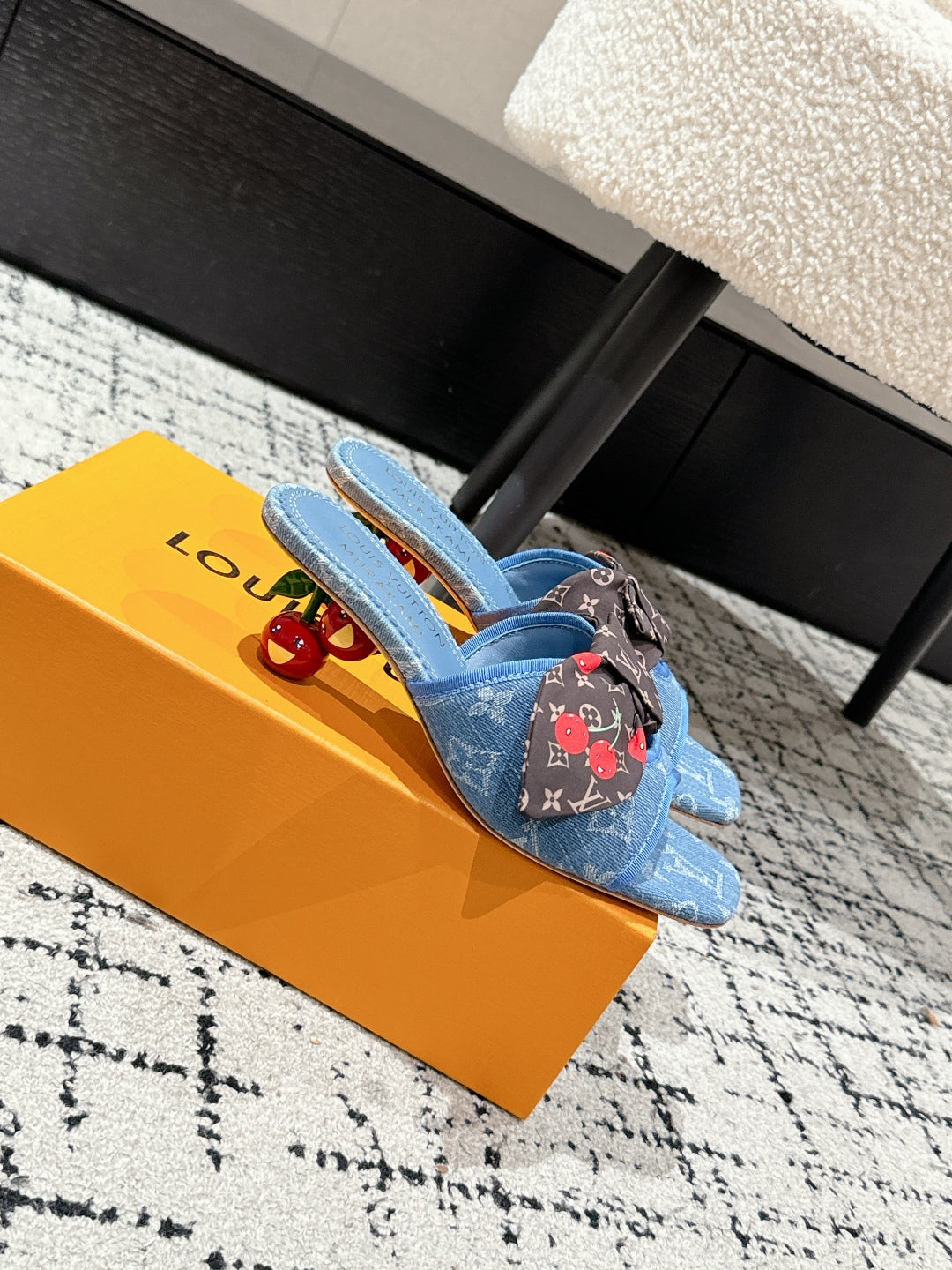 LV CHERRY HIGH HEELS 25S IN BLUE DENIM WITH BOW STYLE 8