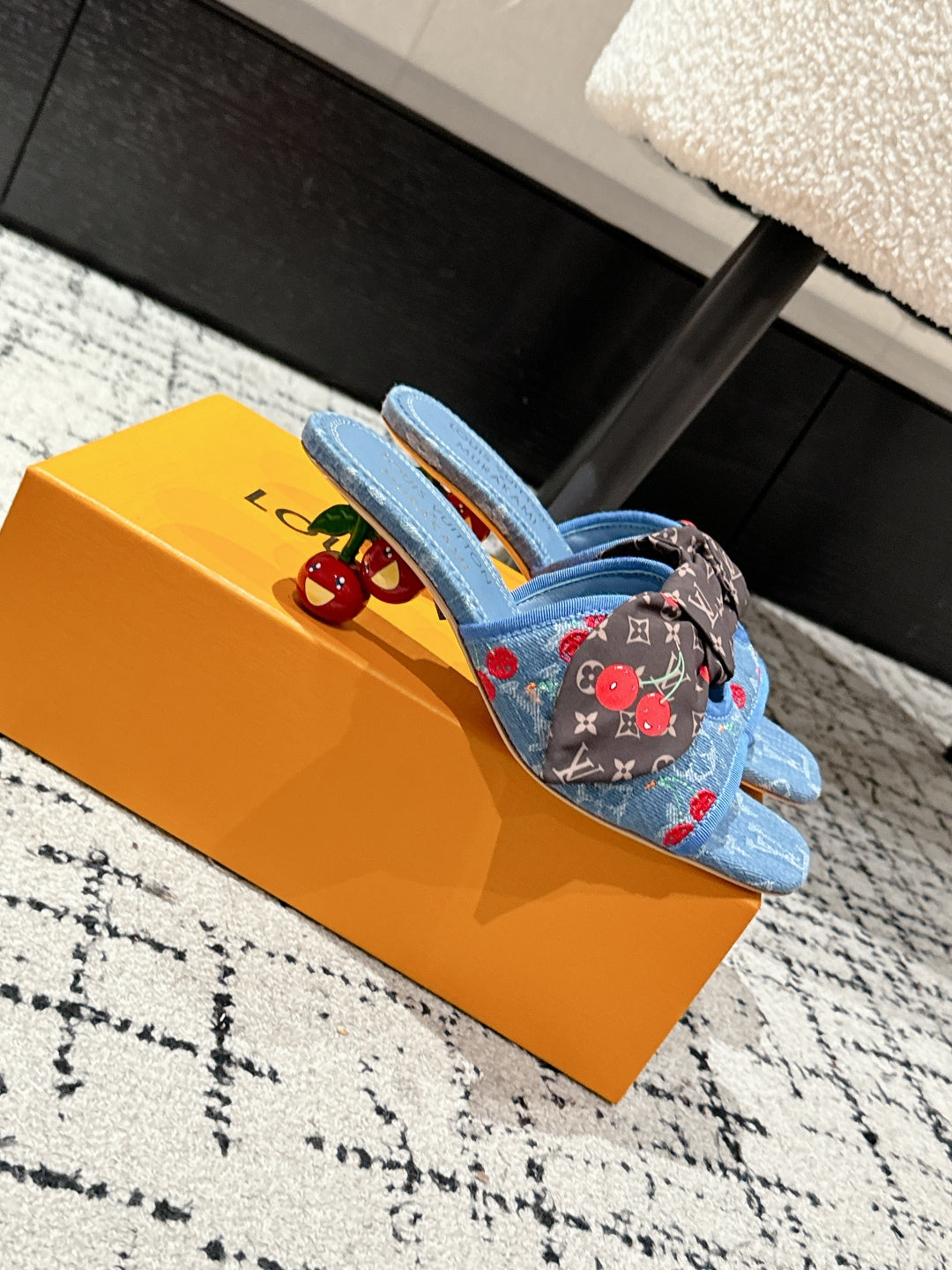 LV CHERRY HIGH HEELS 25S IN BLUE DENIM WITH BOW STYLE 3