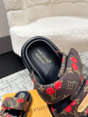 LV MIAMI-STYLE SANDALS 25S IN BROWN FABRIC AND BLACK CALFSKIN