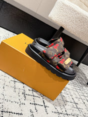 LV TWO-STRAP SLIDES 25S IN BROWN FABRIC AND BLACK CALFSKIN