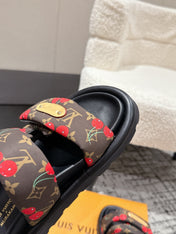 LV MIAMI-STYLE SANDALS 25S IN BROWN FABRIC AND BLACK CALFSKIN