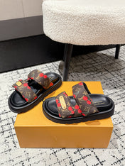 LV MIAMI-STYLE SANDALS 25S IN BROWN FABRIC AND BLACK CALFSKIN