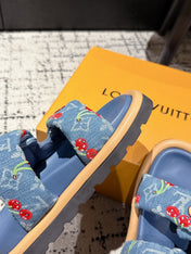 LV MIAMI DOUBLE-STRAP SANDALS 25S IN BLUE DENIM AND CALFSKIN