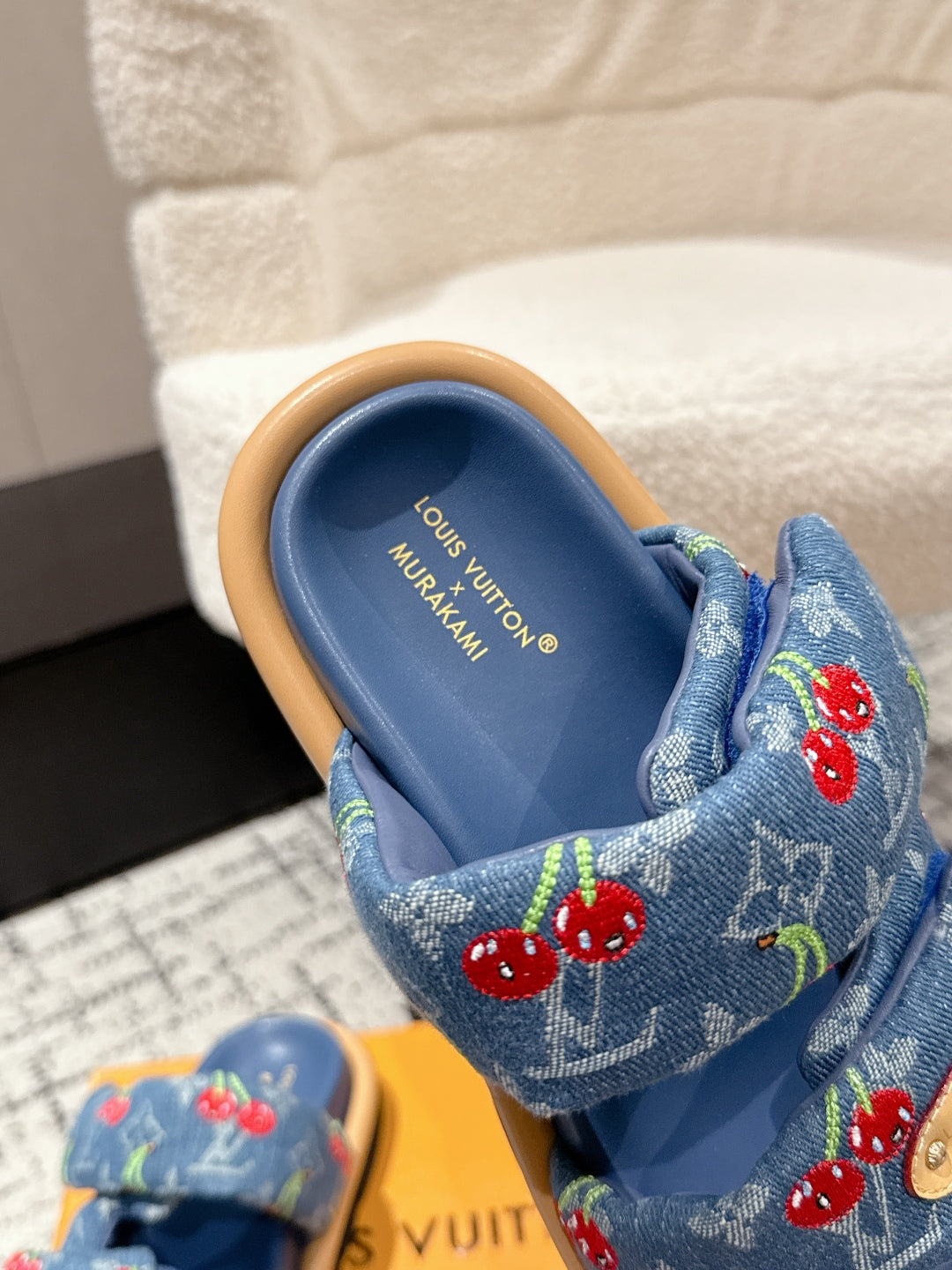 LV MIAMI DOUBLE-STRAP SANDALS 25S IN BLUE DENIM AND CALFSKIN
