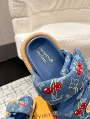 LV MIAMI DOUBLE-STRAP SANDALS 25S IN BLUE DENIM AND CALFSKIN