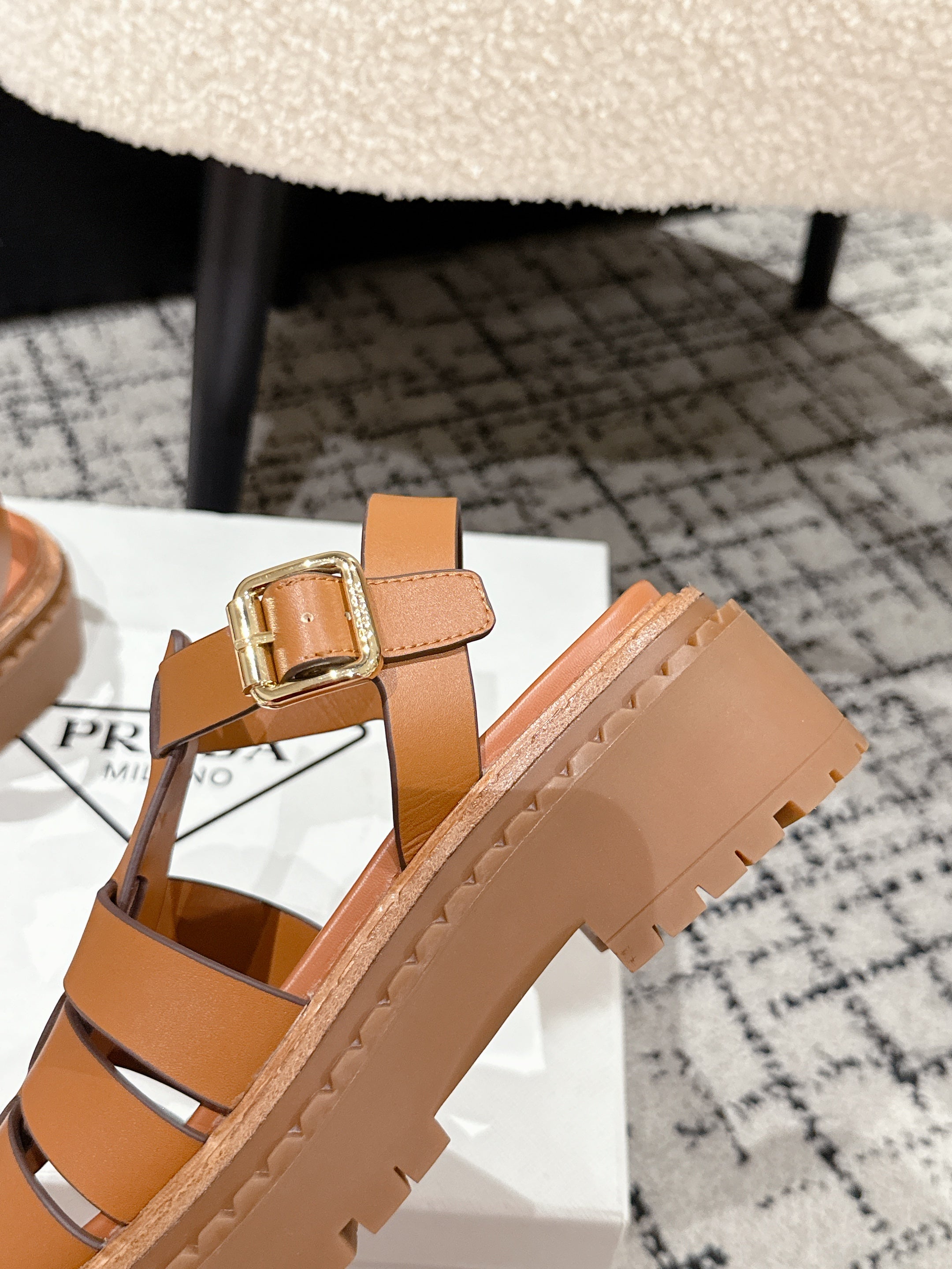 PRADA 25S FISHERMAN OPEN TOE SANDALS IN BURNT ORANGE CALFSKIN