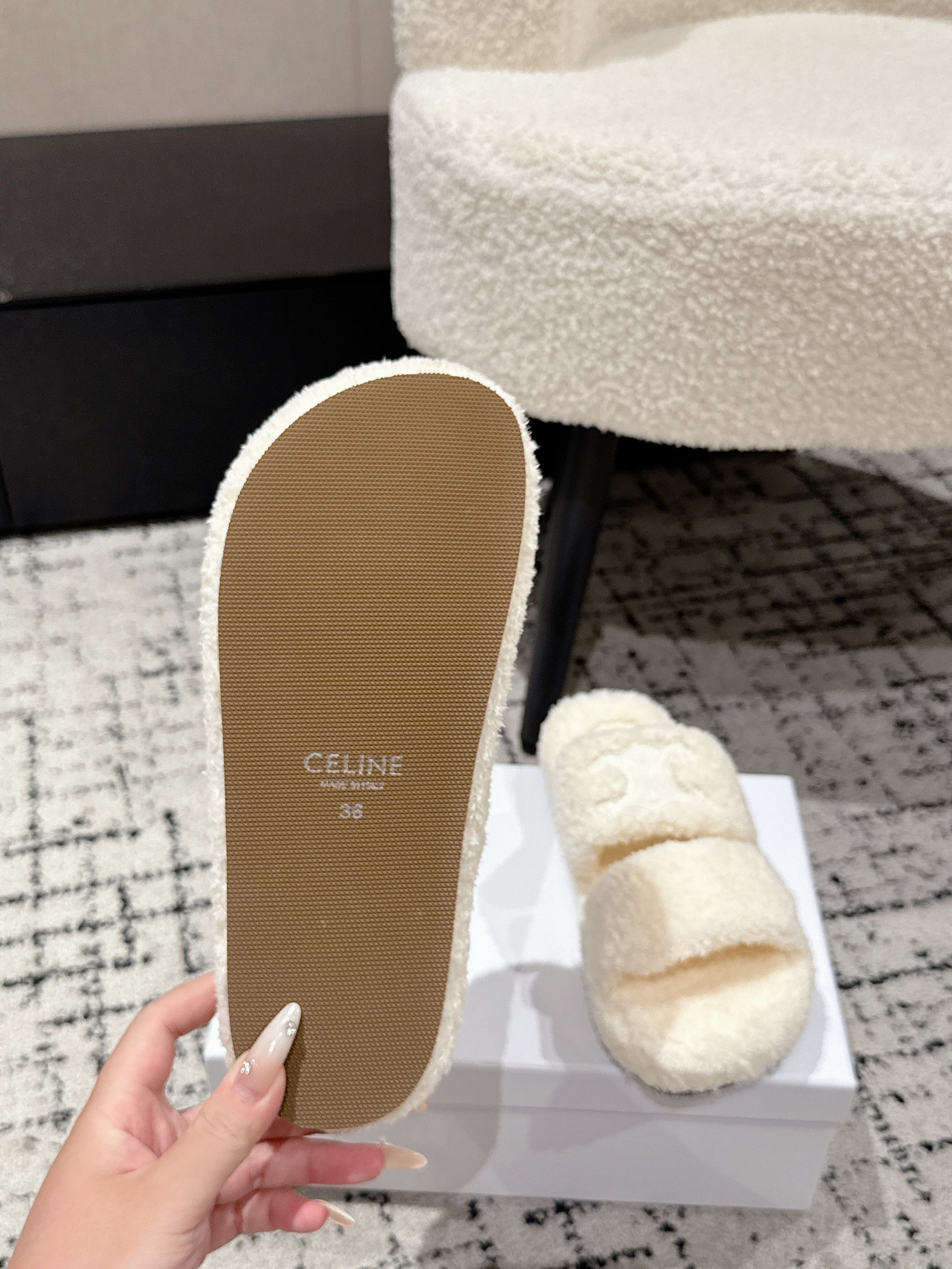 CELINE 25S SLIDES TRIOMPHE IN IVORY SPONGE FABRIC