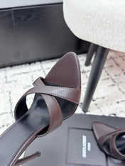 YSL 26S HEELED SANDALS 95 MM IN WINE BROWN CALFSKIN WITH CROSS STRAP