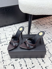 YSL 26S HEELED SANDALS 95 MM IN WINE BROWN CALFSKIN WITH CROSS STRAP