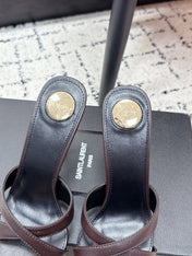 YSL 26S HEELED SANDALS 95 MM IN WINE BROWN CALFSKIN WITH CROSS STRAP
