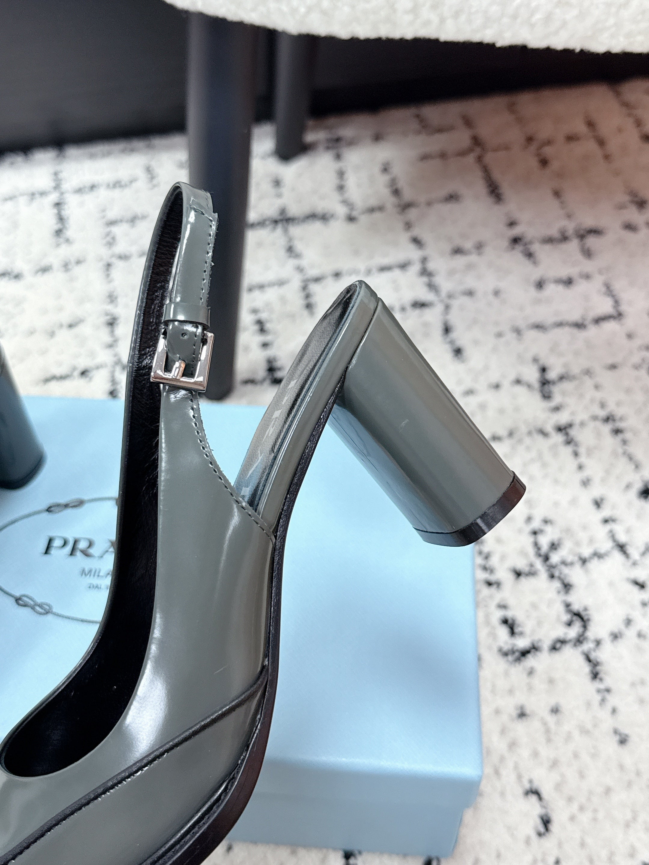 PRADA 26S SLINGBACK PUMPS 70MM IN STEEL GRAY PATENT CALFSKIN