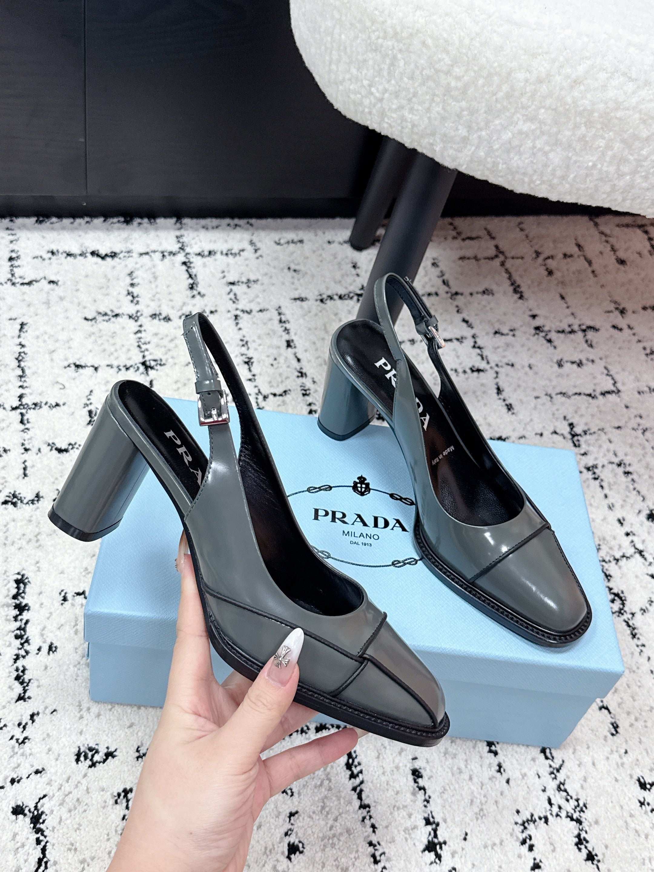 PRADA 26S SLINGBACK PUMPS 70MM IN STEEL GRAY PATENT CALFSKIN