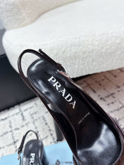 PRADA 26S SLINGBACK PUMPS 70MM IN DARK BROWN PATENT CALFSKIN