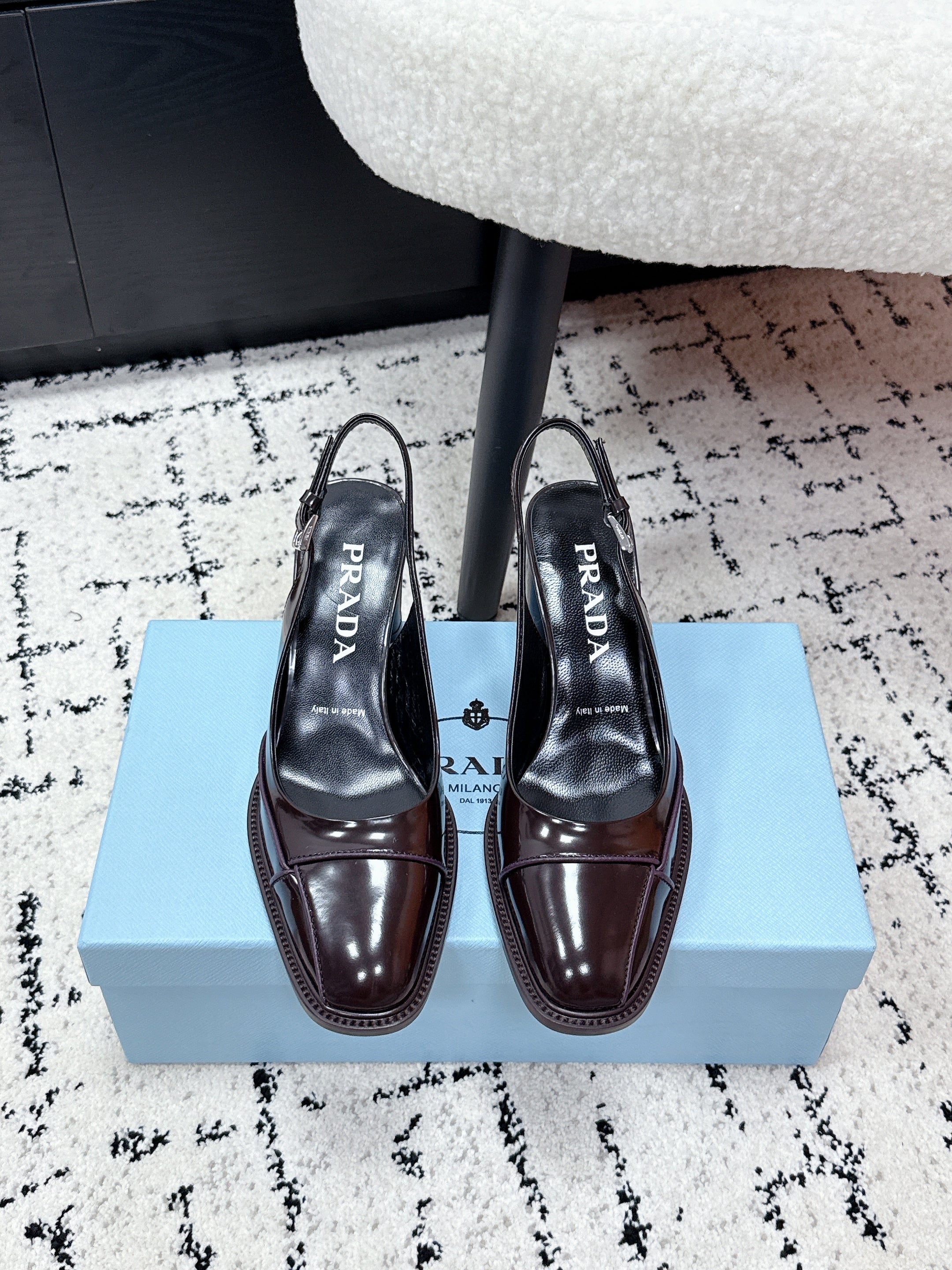 PRADA 26S SLINGBACK PUMPS 70MM IN DARK BROWN PATENT CALFSKIN