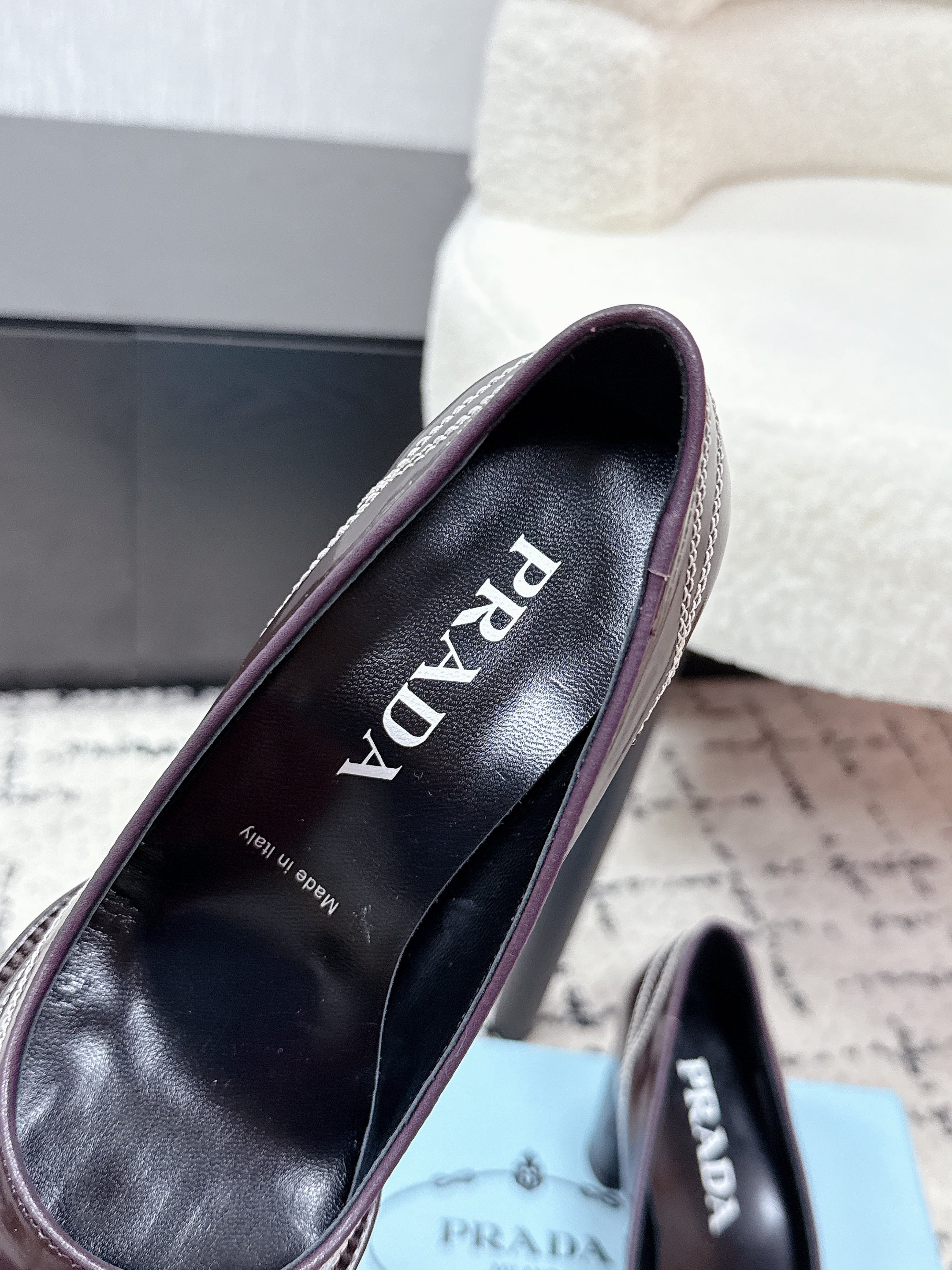 PRADA 26S BOWLING-STYLE HIGH HEELS 70MM IN DARK BROWN GLOSSY CALFSKIN