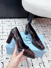 PRADA 26S BOWLING-STYLE HIGH HEELS 70MM IN DARK BROWN GLOSSY CALFSKIN