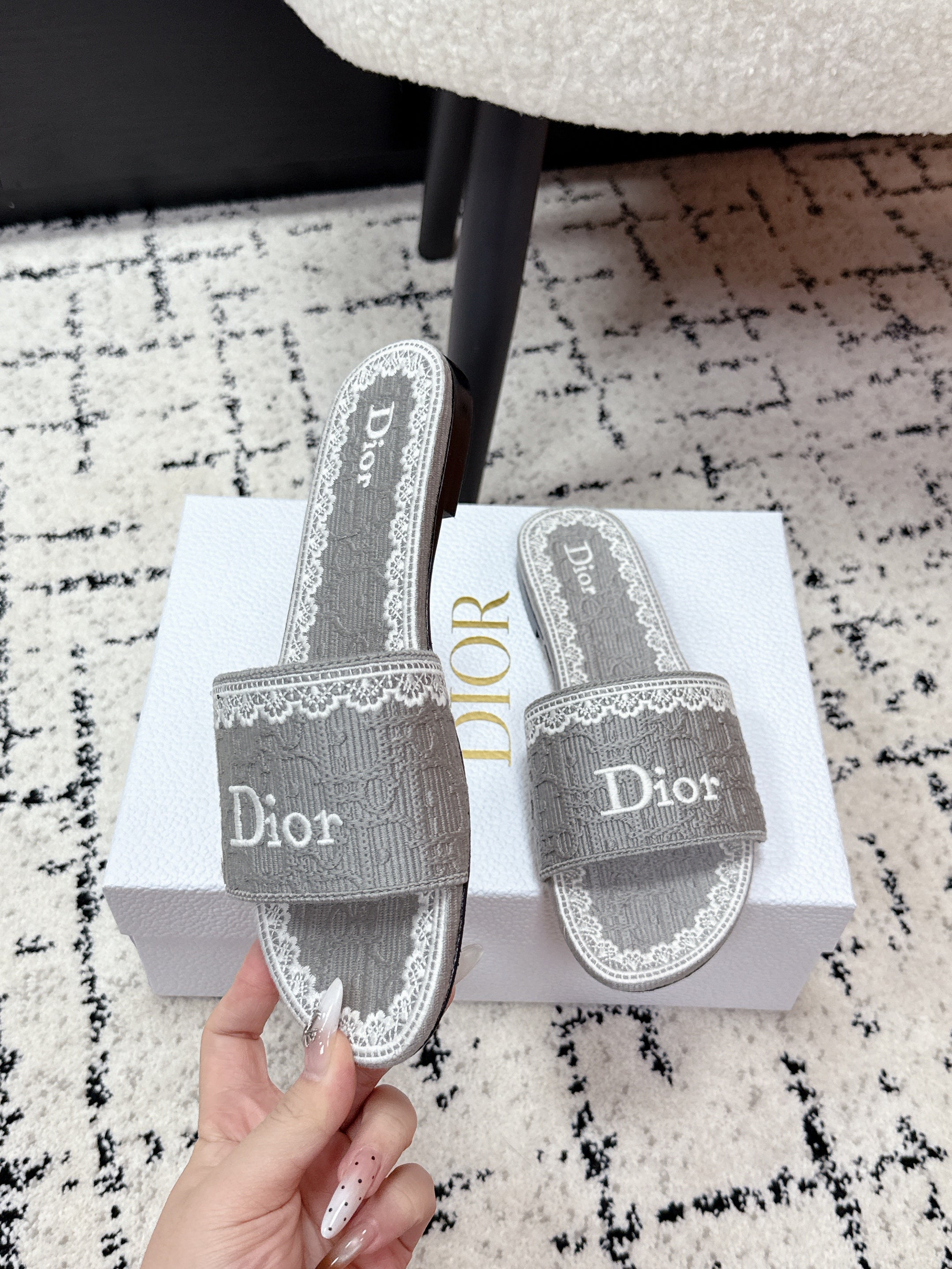 DIOR 26S SLIDES IN GREY EMBOSSED OBLIQUE LACE EMBROIDERY