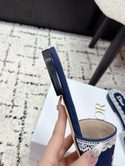 DIOR 26S SLIDES IN NAVY BLUE EMBOSSED OBLIQUE LACE EMBROIDERY