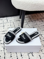 DIOR 26S SLIDES IN BLACK AND WHITE EMBOSSED OBLIQUE LACE EMBROIDERY