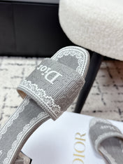 DIOR 26S HIGH HEEL SLIDES IN GREY EMBOSSED OBLIQUE LACE EMBROIDERY