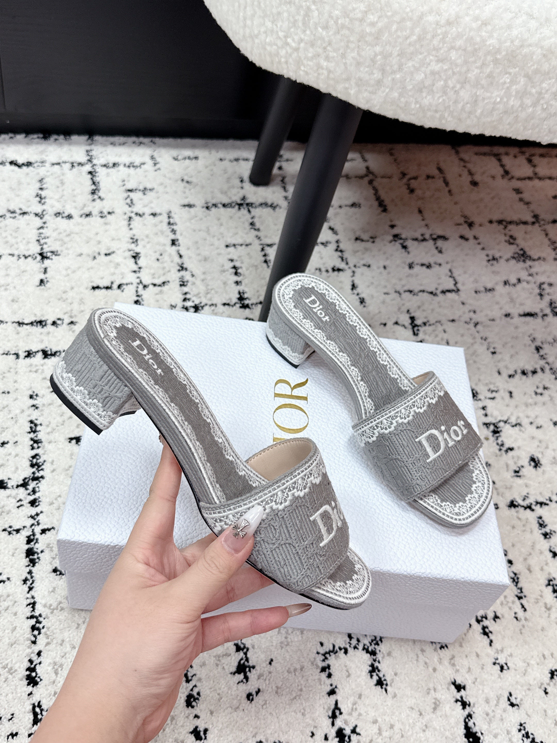 DIOR 26S HIGH HEEL SLIDES IN GREY EMBOSSED OBLIQUE LACE EMBROIDERY