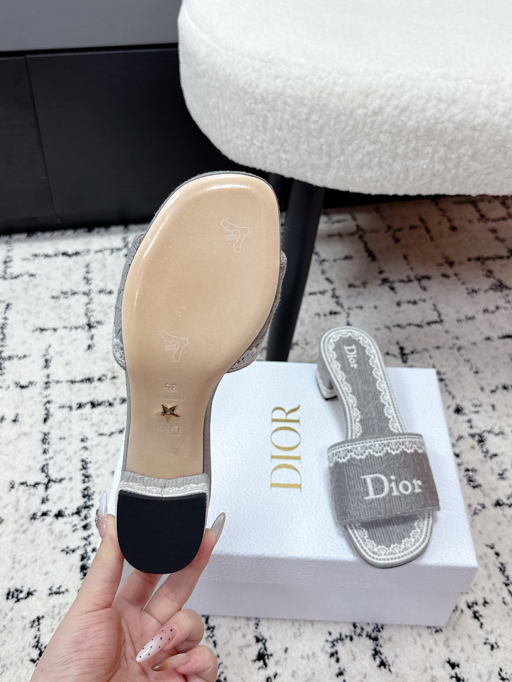 DIOR 26S HIGH HEEL SLIDES IN GREY EMBOSSED OBLIQUE LACE EMBROIDERY