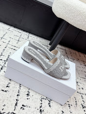 DIOR 26S HIGH HEEL SLIDES IN GREY EMBOSSED OBLIQUE LACE EMBROIDERY