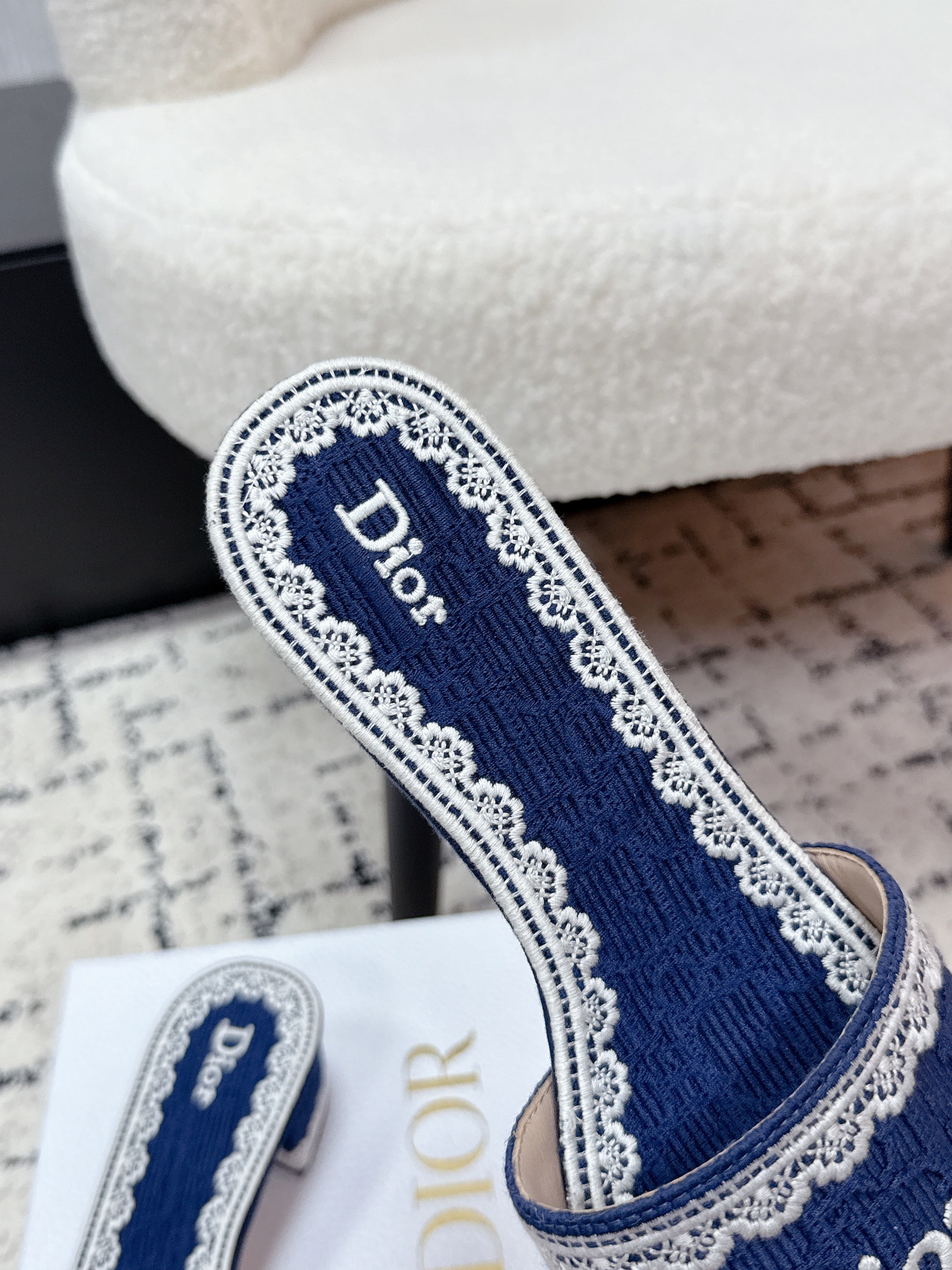 DIOR 26S HIGH HEEL SLIDES IN NAVY BLUE EMBOSSED OBLIQUE LACE EMBROIDERY