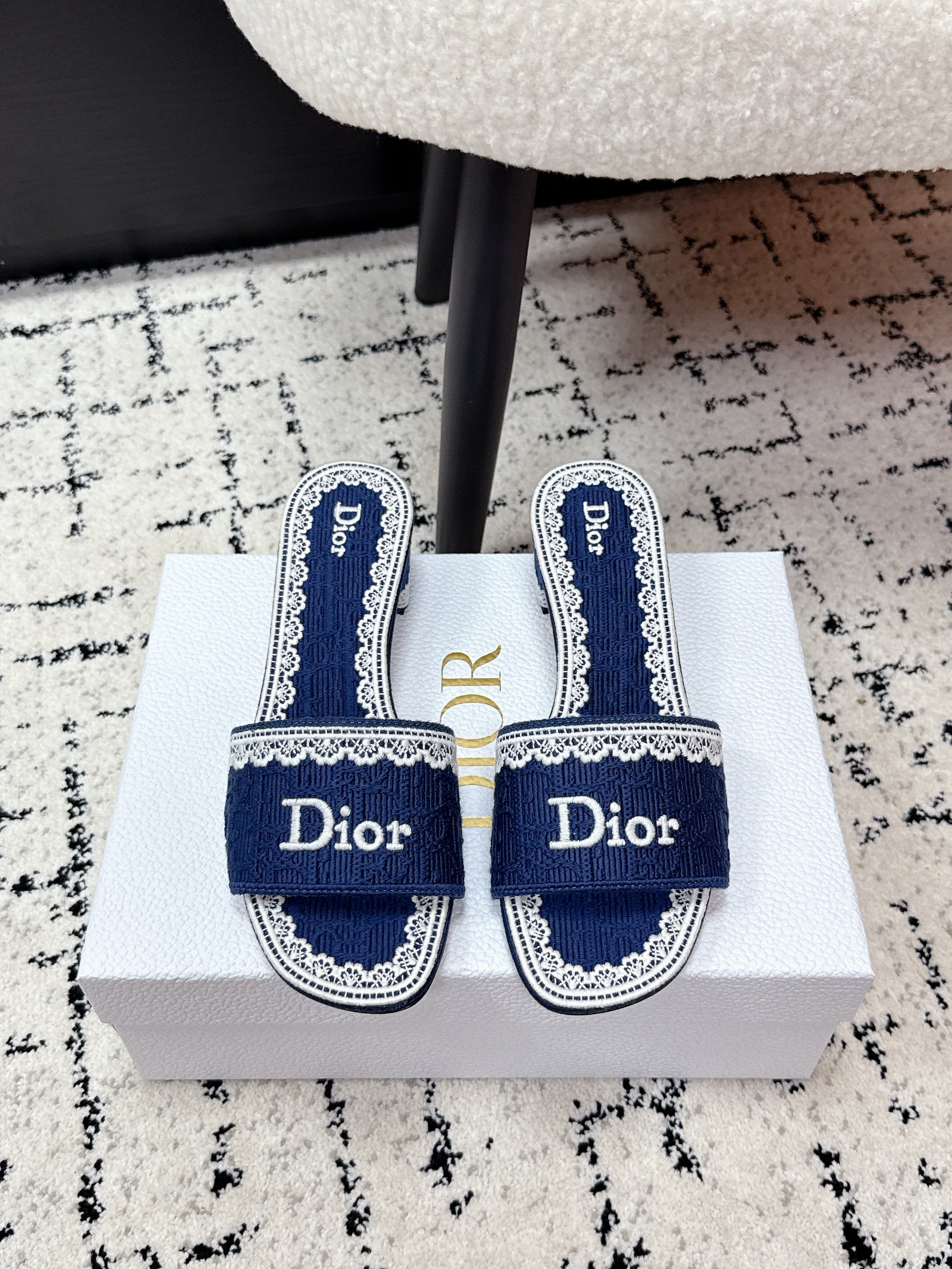 DIOR 26S HIGH HEEL SLIDES IN NAVY BLUE EMBOSSED OBLIQUE LACE EMBROIDERY