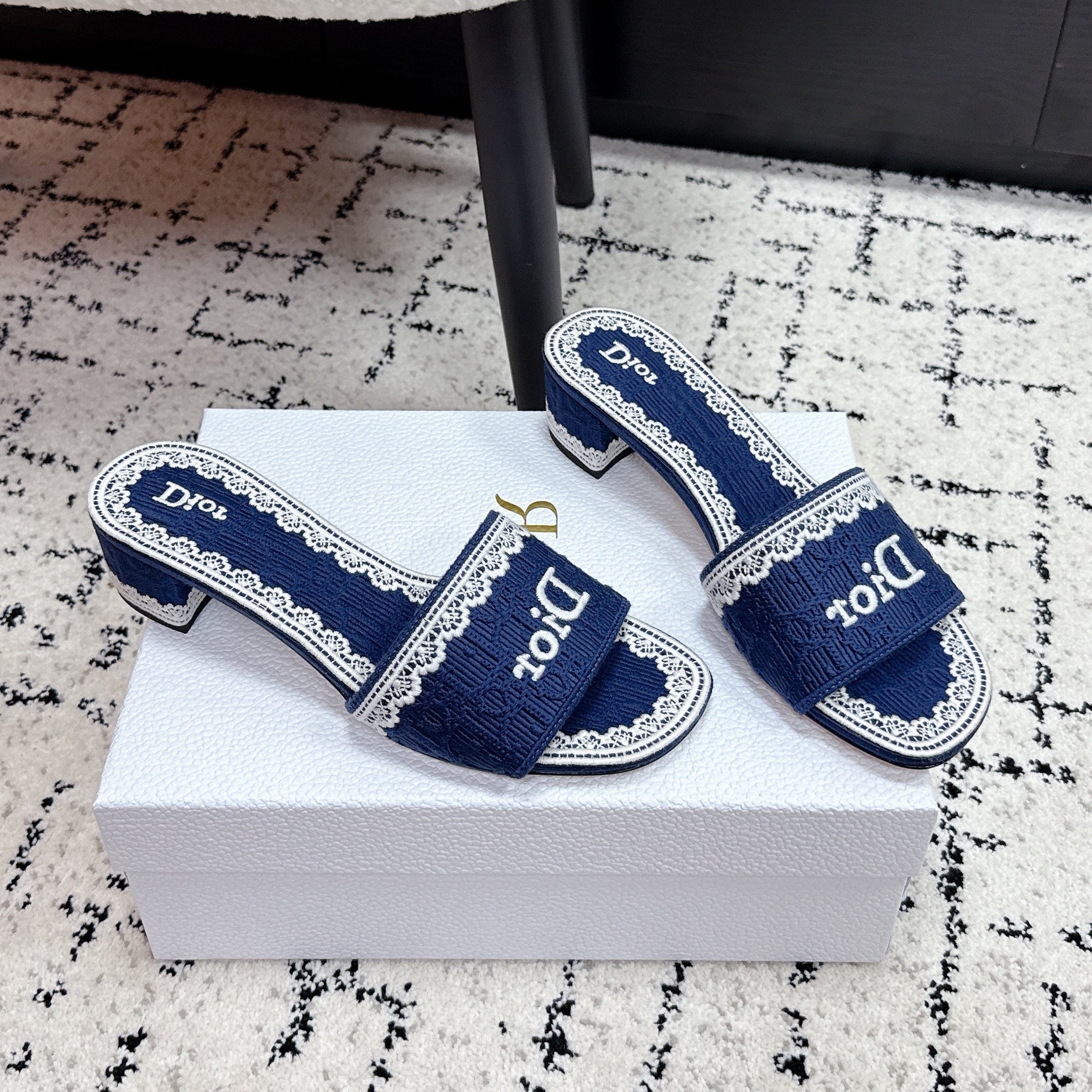 DIOR 26S HIGH HEEL SLIDES IN NAVY BLUE EMBOSSED OBLIQUE LACE EMBROIDERY
