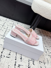 DIOR 26S HIGH HEEL SLIDES IN LIGHT PINK EMBOSSED OBLIQUE LACE EMBROIDERY