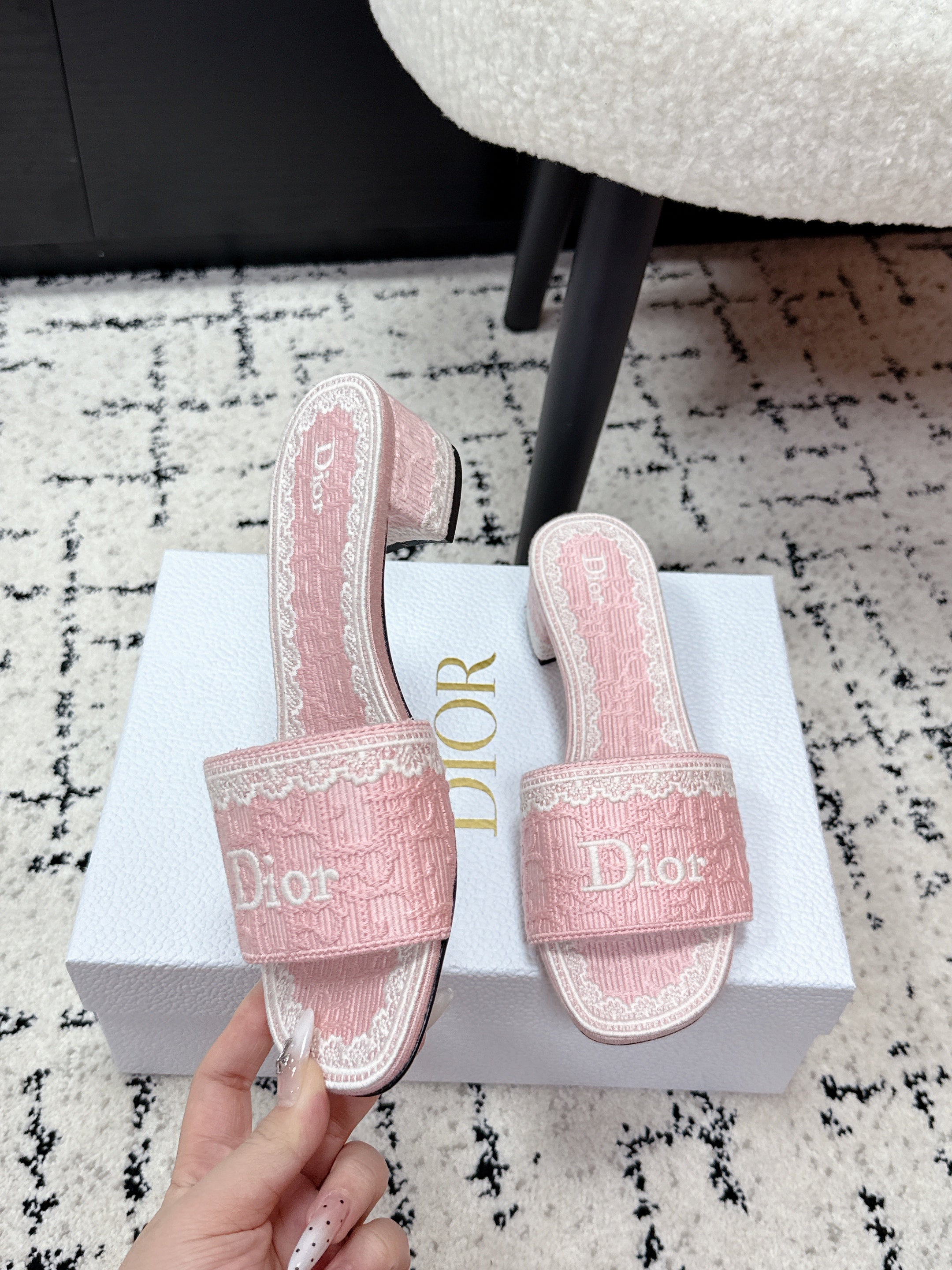 DIOR 26S HIGH HEEL SLIDES IN LIGHT PINK EMBOSSED OBLIQUE LACE EMBROIDERY