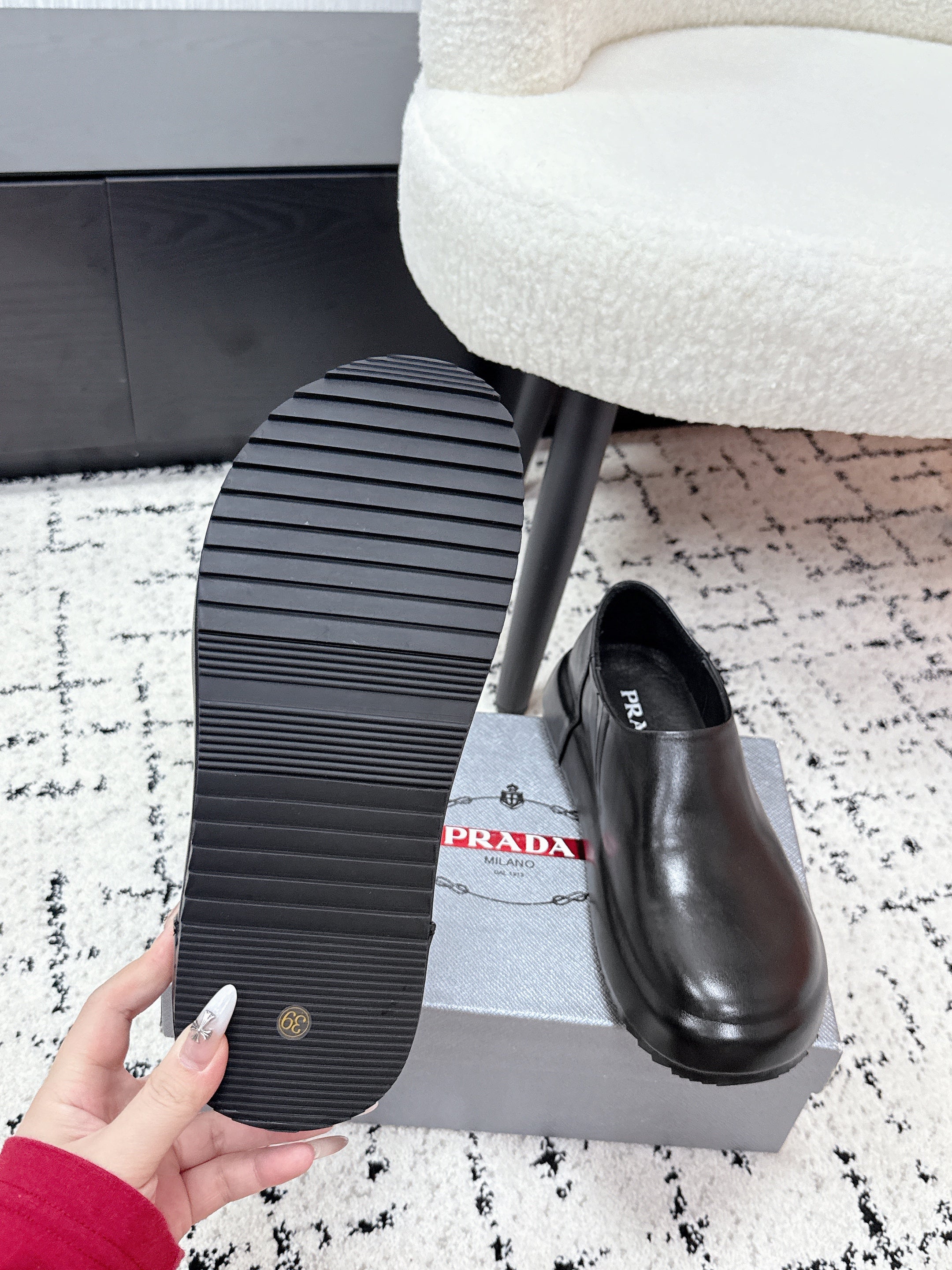 PRADA 26S SLIP ON SHOES IN BLACK SMOOTH CALFSKIN