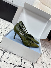 PRADA 26S POINTED-TOE HIGH HEELS 75MM IN DARK OLIVE GREEN CALFSKIN WITH BOW