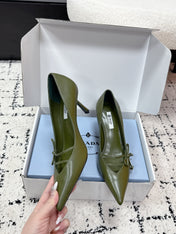 PRADA 26S POINTED-TOE HIGH HEELS 75MM IN DARK OLIVE GREEN CALFSKIN