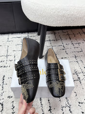 CHLOÉ 26S FLAT SHOES IN BLACK CALFSKIN WITH METAL STUDS