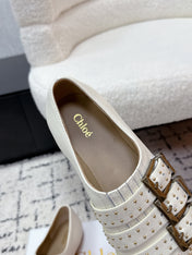 CHLOÉ 26S FLAT SHOES IN WHITE CALFSKIN WITH METAL STUDS