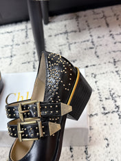 CHLOÉ 26S METAL STUD SHOES IN BLACK CALFSKIN
