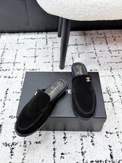 CHANEL 26S MULE LOAFERS IN BLACK SUEDE WITH CC LOGO