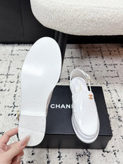 CHANEL 26S SLINGBACK LOAFERS IN WHITE PATENT CALFSKIN WITH CC LOGO