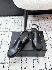CHANEL 26S SLINGBACK LOAFERS IN BLACK PATENT CALFSKIN WITH CC LOGO