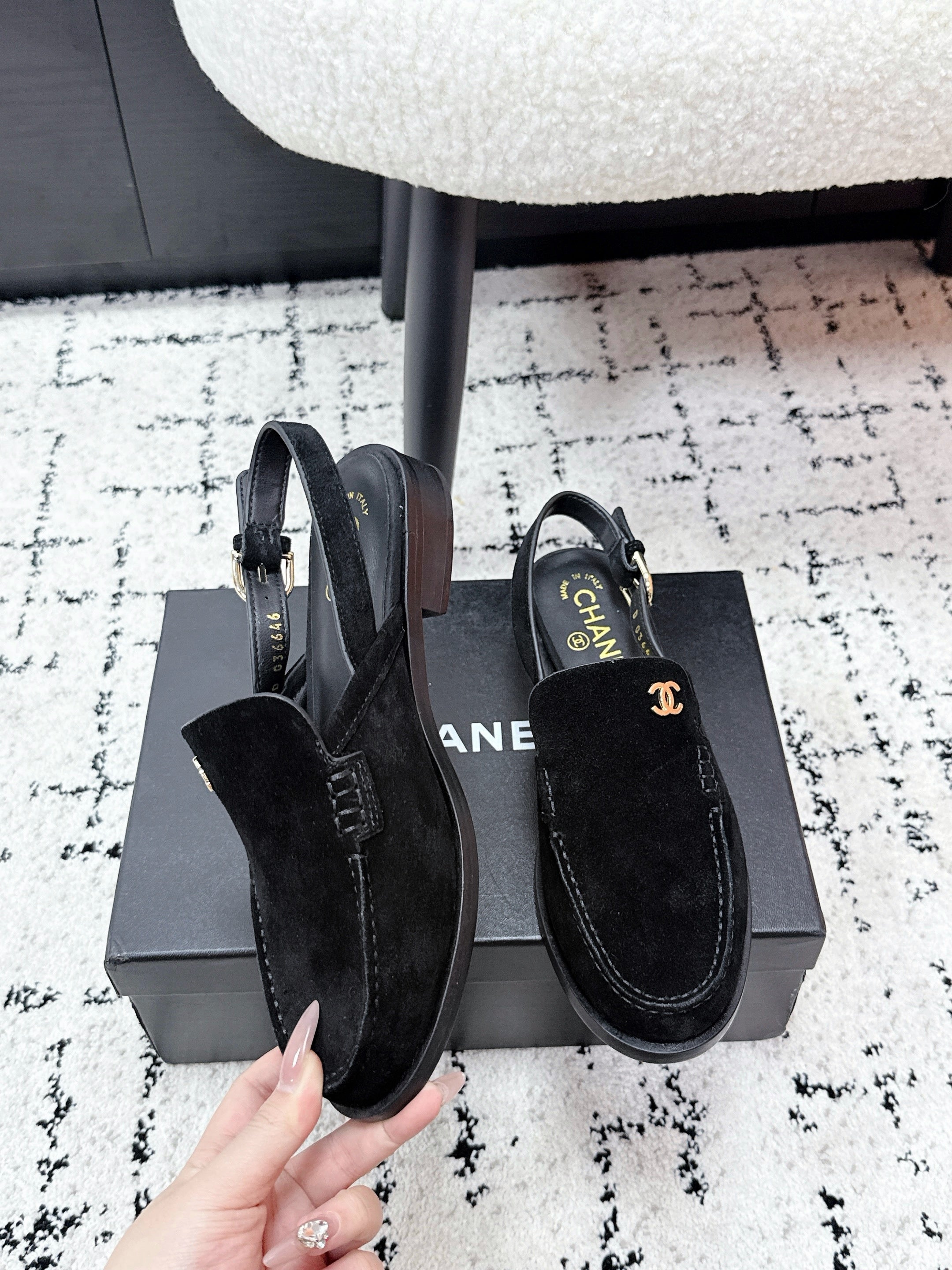 CHANEL 26S SLINGBACK LOAFERS IN BLACK SUEDE WITH CC LOGO