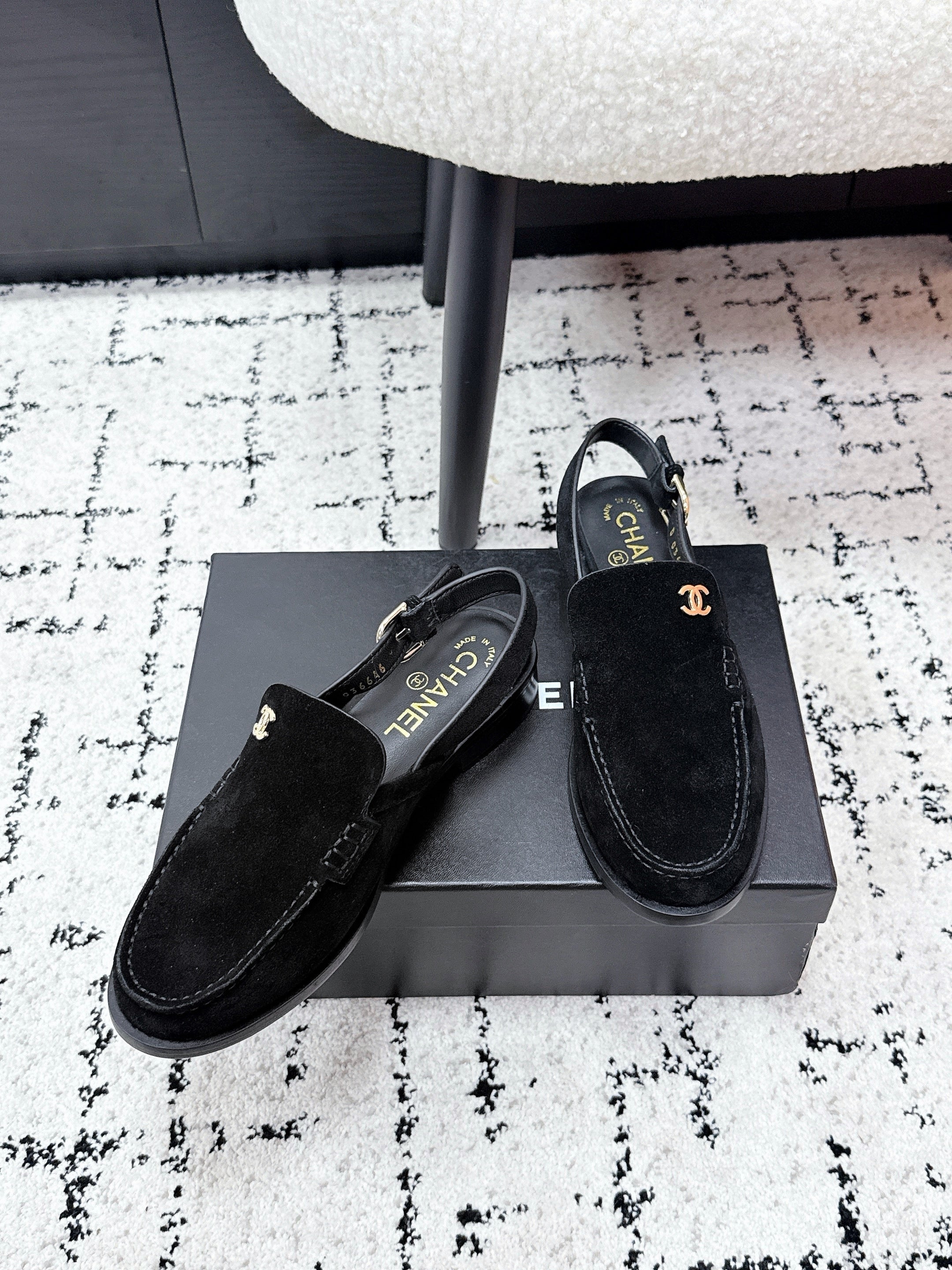CHANEL 26S SLINGBACK LOAFERS IN BLACK SUEDE WITH CC LOGO